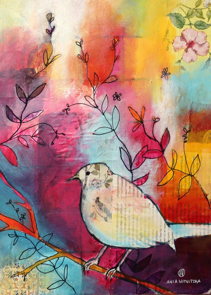 Whimsical Bird on Branch by Ania Witwitzka