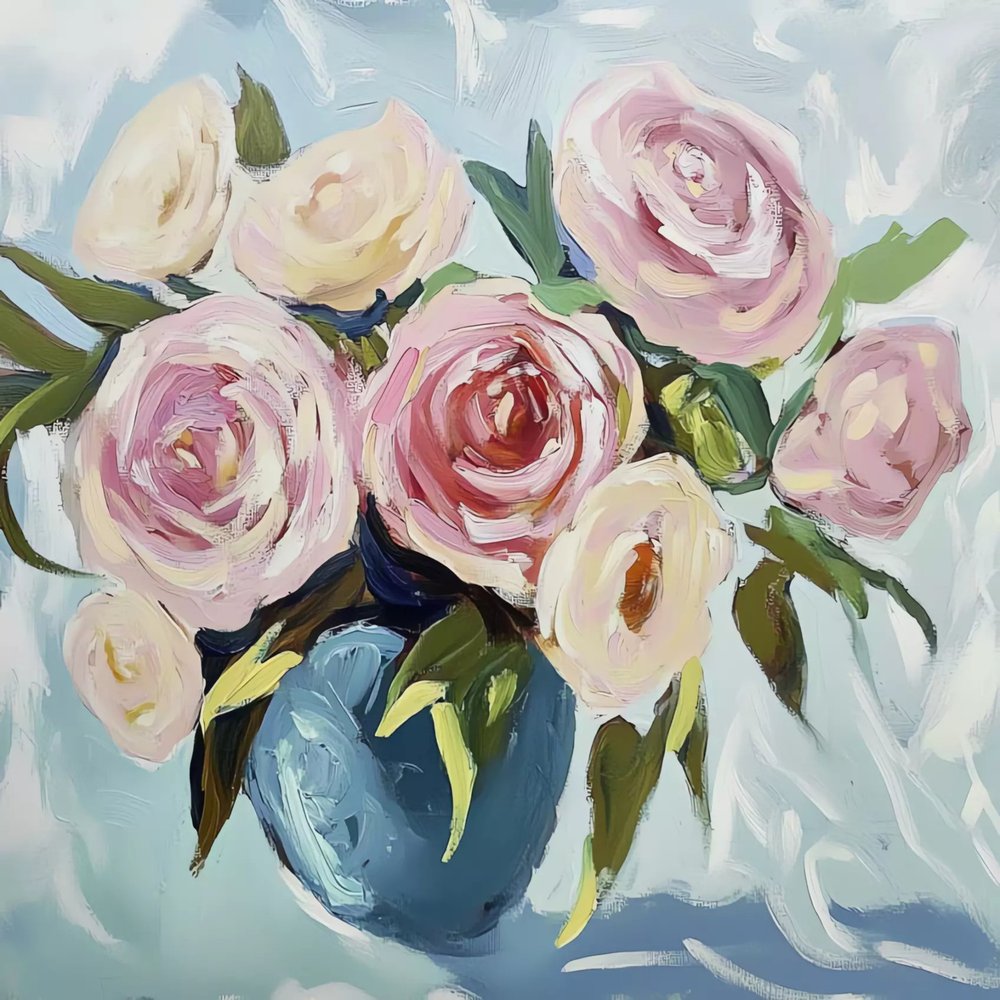 Pink Roses in Blue Vase by Avanesova Elena