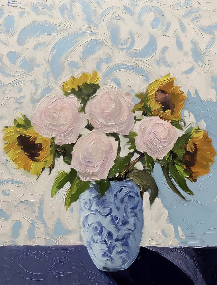 Roses and Sunflowers in Blue Vase by Avanesova Elena