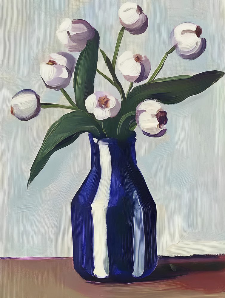 White Flowers Blue Vase by Avanesova Elena