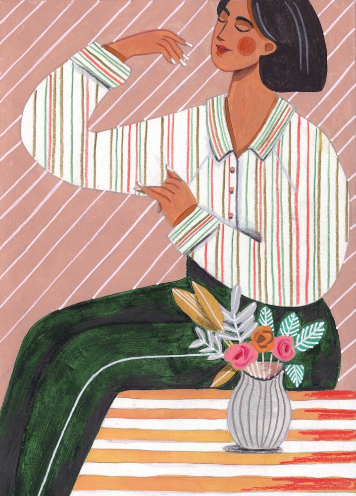 Woman in Stripes Shirt and Green Pants by Caroline Bonne Müller