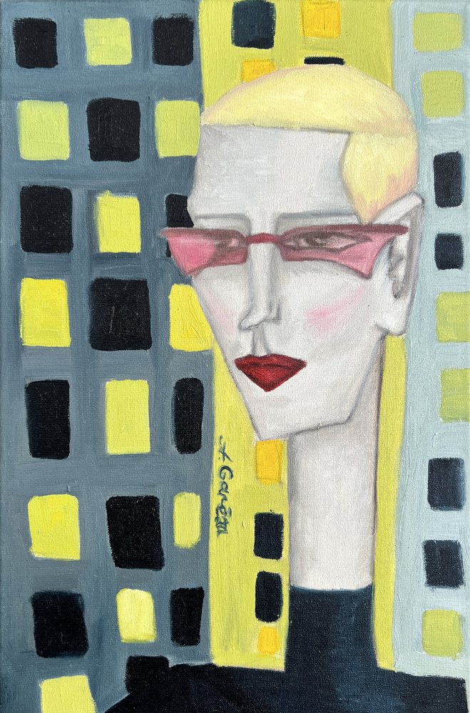Blonde Woman Pink Glasses by Christina Misuro