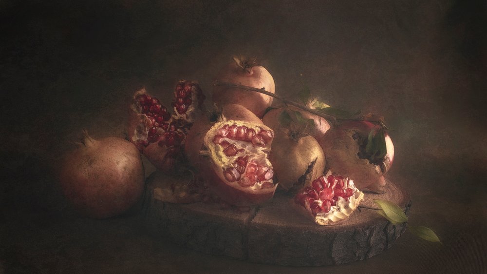 Dark Pomegranate Still Life by Cicek Kiral