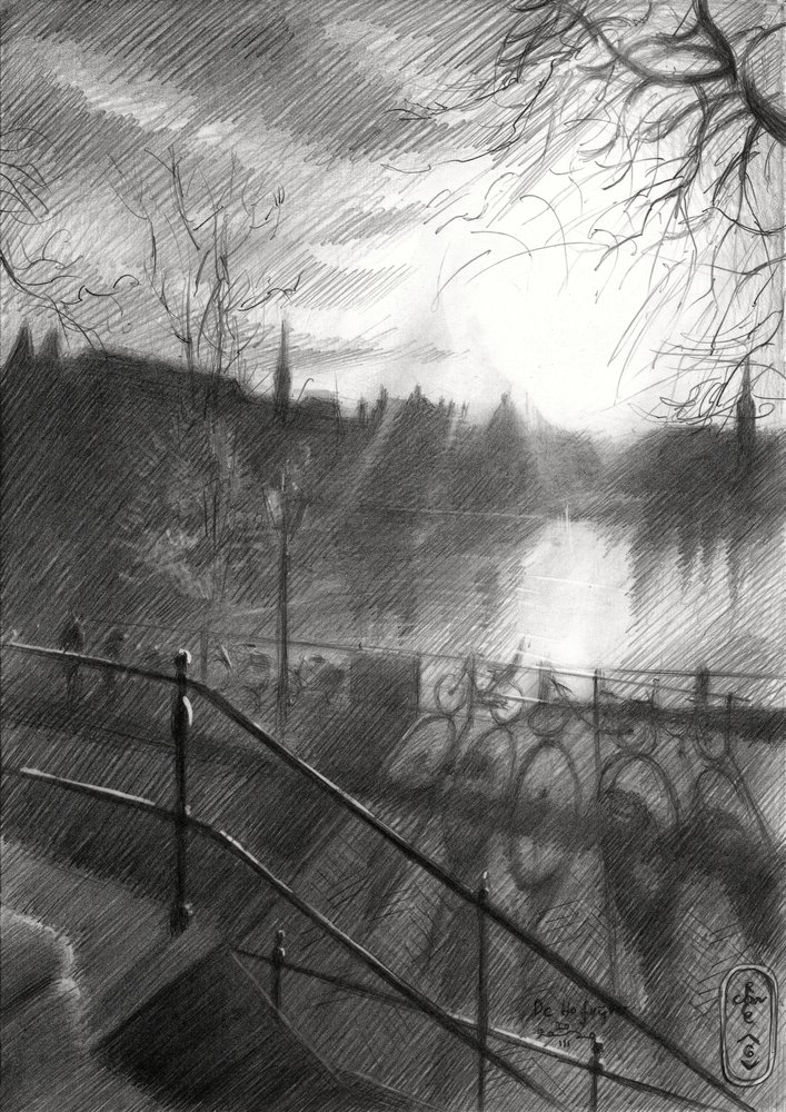 Sunlit City Canal Sketch by Corné Akkers