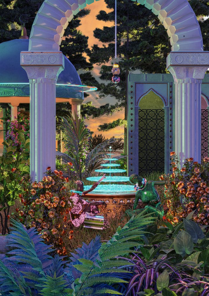 Exotic Garden Fountain Sunset by CosmoZach