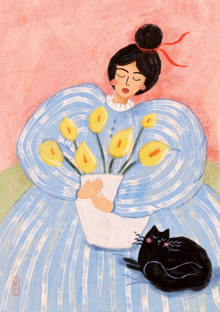 Woman With Flowers And Cat by Dirkie Nell