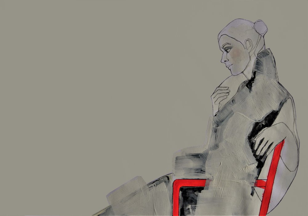 Contemplative Woman in Red by Doris Schmitz