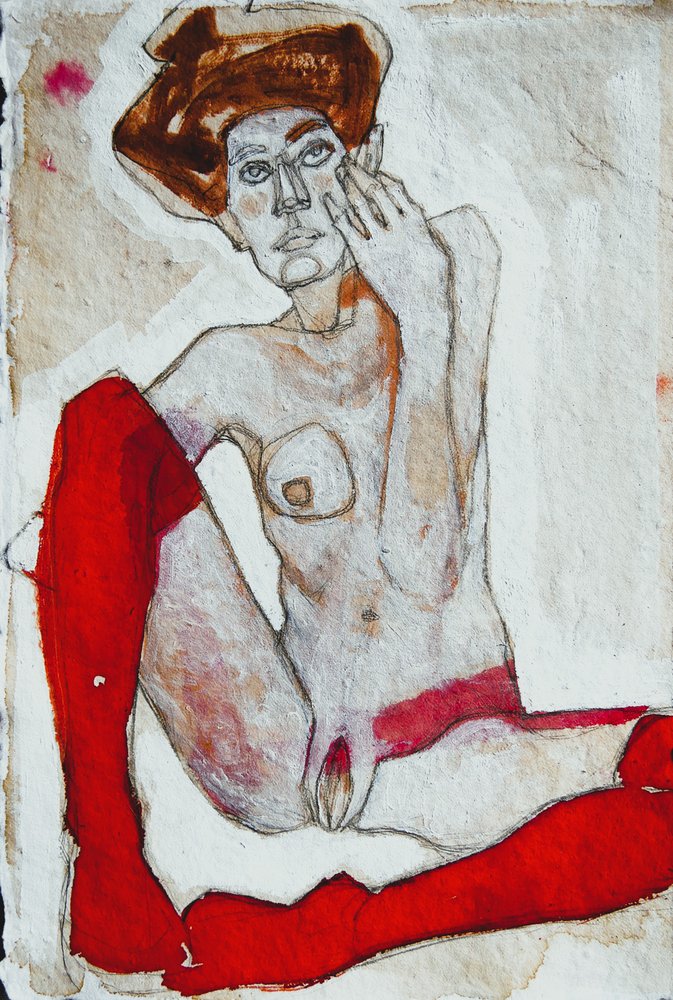 Seated Nude Red Socks by Doris Schmitz
