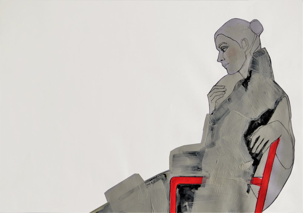 Thoughtful Woman Red Chair by Doris Schmitz