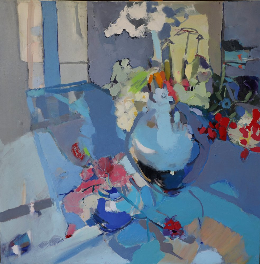 Vibrant Blue Floral Still Life by Elena Shraibman