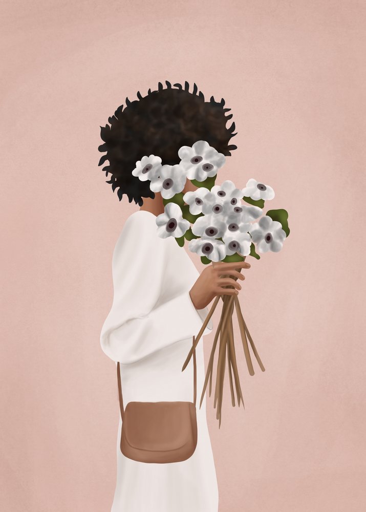Woman with White Bouquet by Flow Line