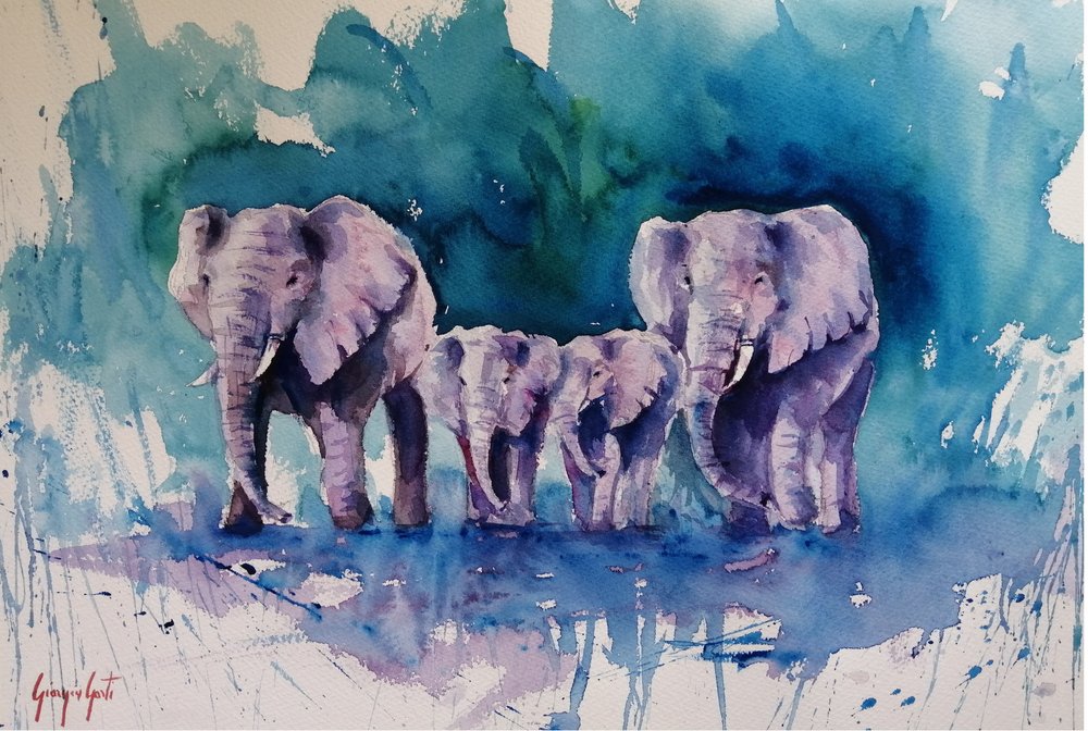 Blue Elephant Family by Giorgio Gosti