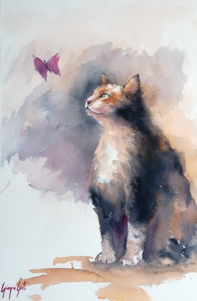 Curious Cat And Butterfly by Giorgio Gosti