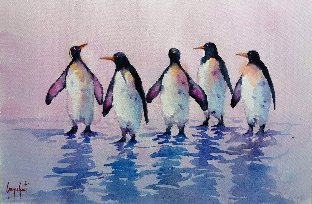 Five Walking Penguins by Giorgio Gosti