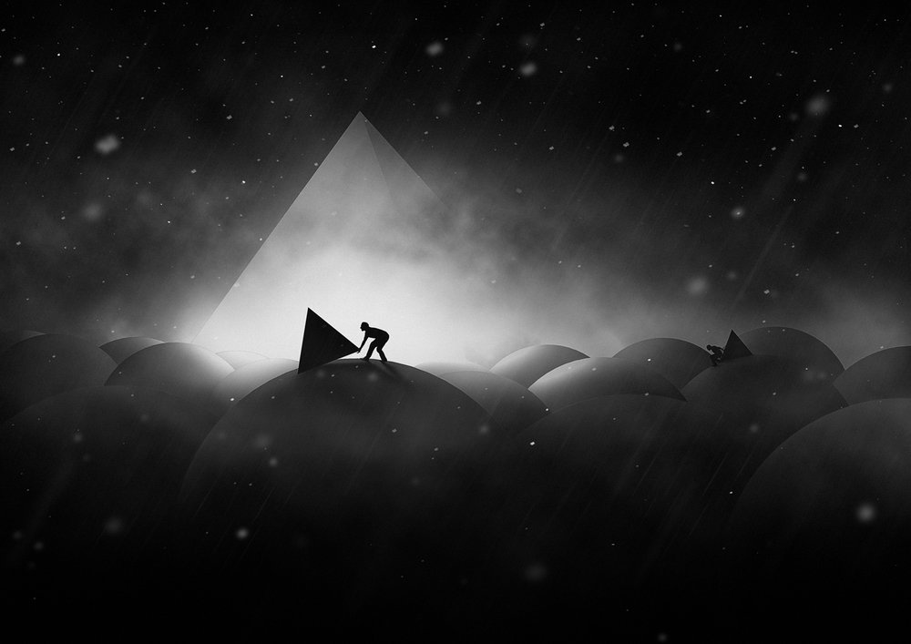 Man Pushing Light Pyramid von Hussain Buhligaha