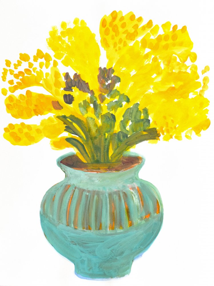 Yellow Blooms Teal Vase by Iria Fernandez