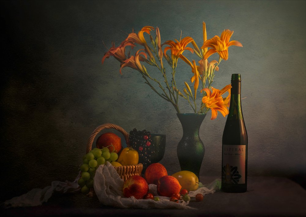 Moody Still Life with Wine by John-Mei Zhong