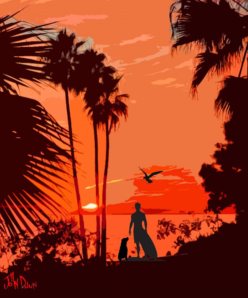 Surfer Dog Tropical Sunset by John Dunn