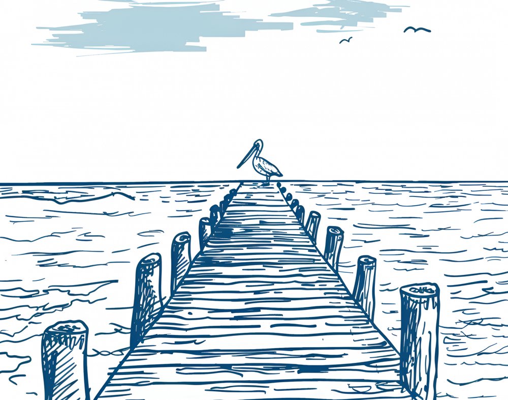 Pelican On The Pier by Jolly and Dash