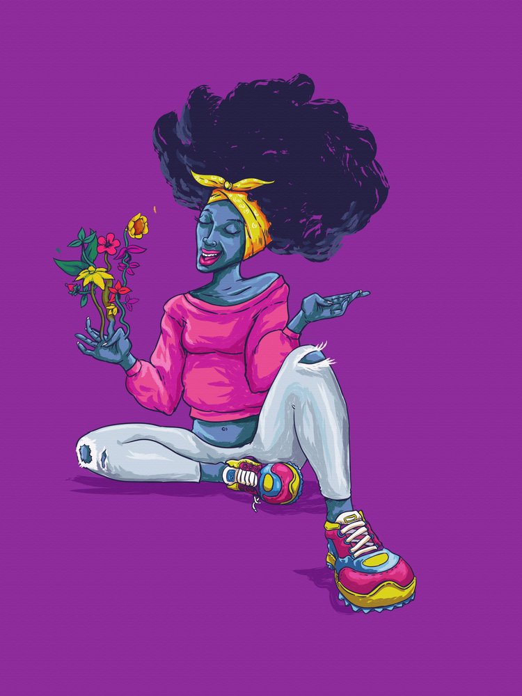 Joyful Afro Woman Flowers by Joshua msonthe