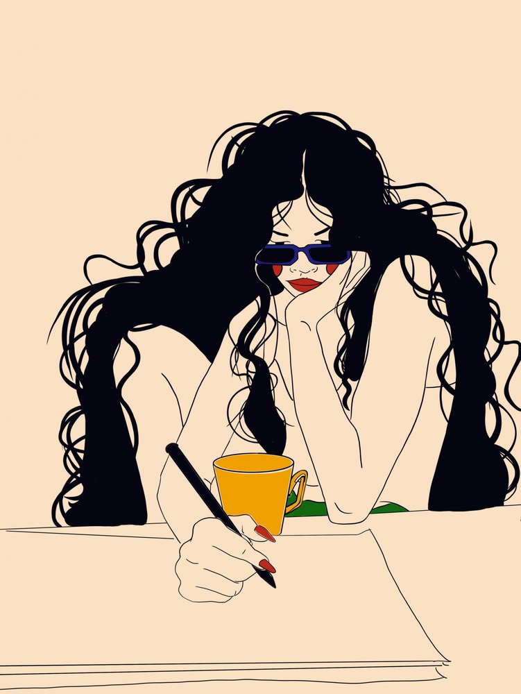 Pensive Woman Writing by Juliana Kokolari