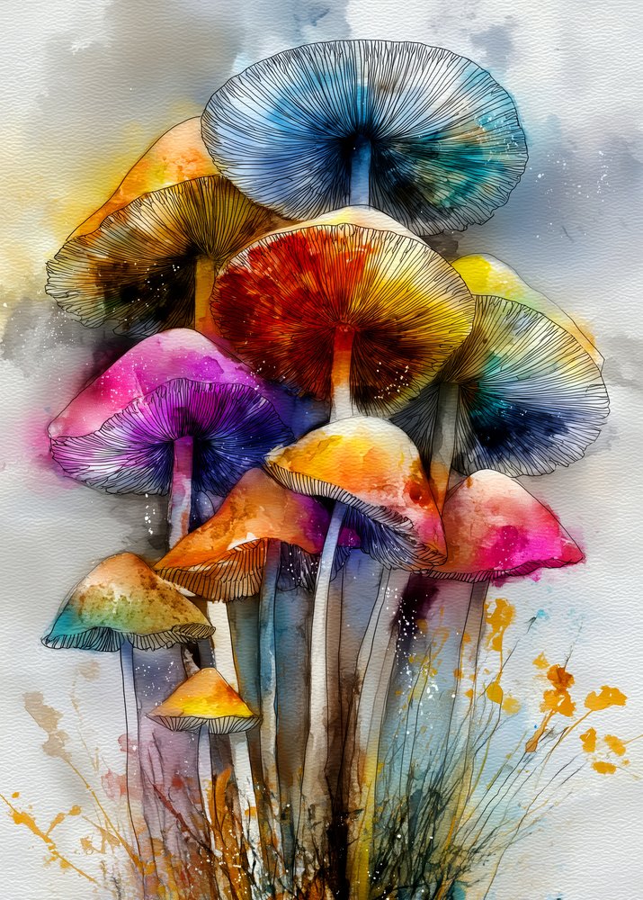 Colorful Watercolor Mushrooms by Justyna Jaszke