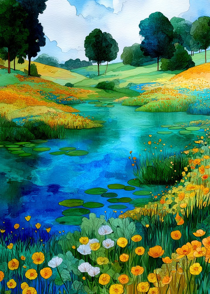 Vibrant Pond Landscape by Justyna Jaszke