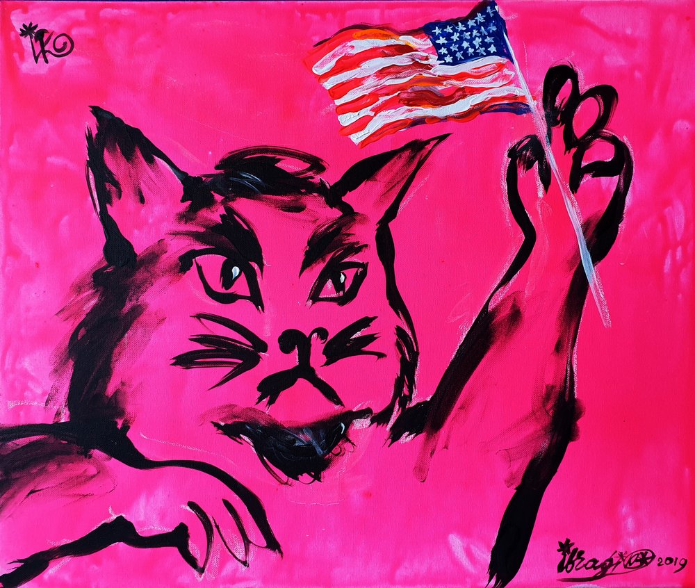 Pink Cat American Flag by Kanat Ibragimov