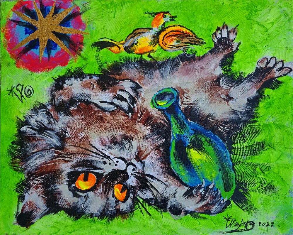 Playful Cat and Bird by Kanat Ibragimov