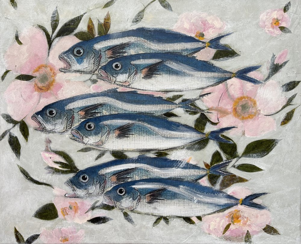 Blue Fish Pink Flowers by Karenina Fabrizzi