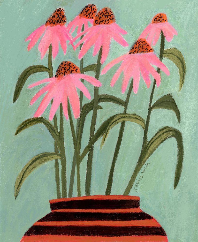 Pink Coneflowers in Vase by Karin Lauria