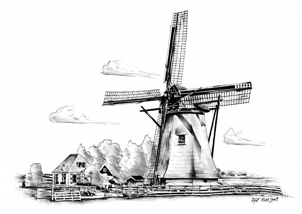 Classic Windmill Drawing by Kulik