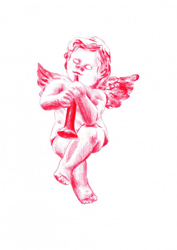 Red Cherub Playing Horn by Kulik