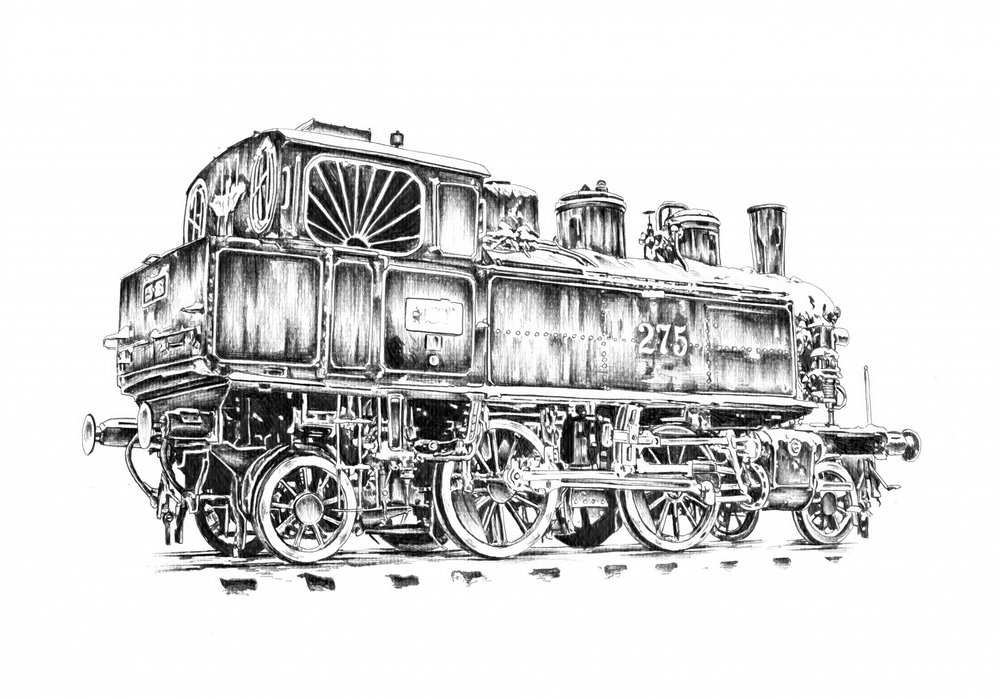 Vintage Steam Locomotive Drawing by Kulik