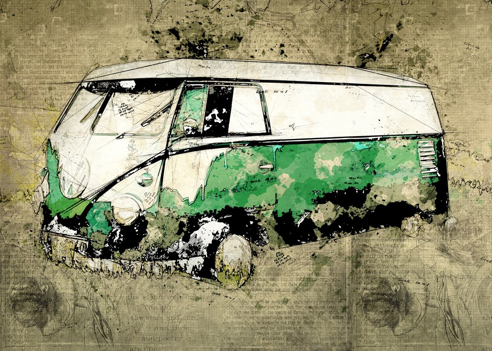 Artistic Green Bus by Lembayung senja studio [Vintage Poster]