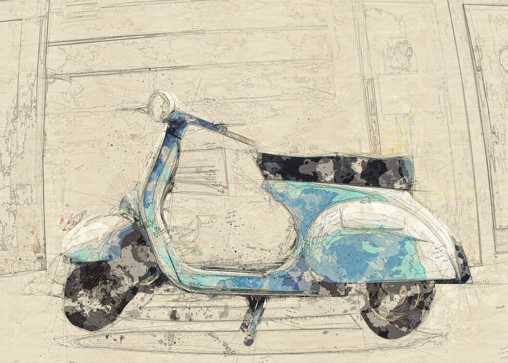 Blue Vintage Scooter by Lembayung senja studio [Vintage Poster]