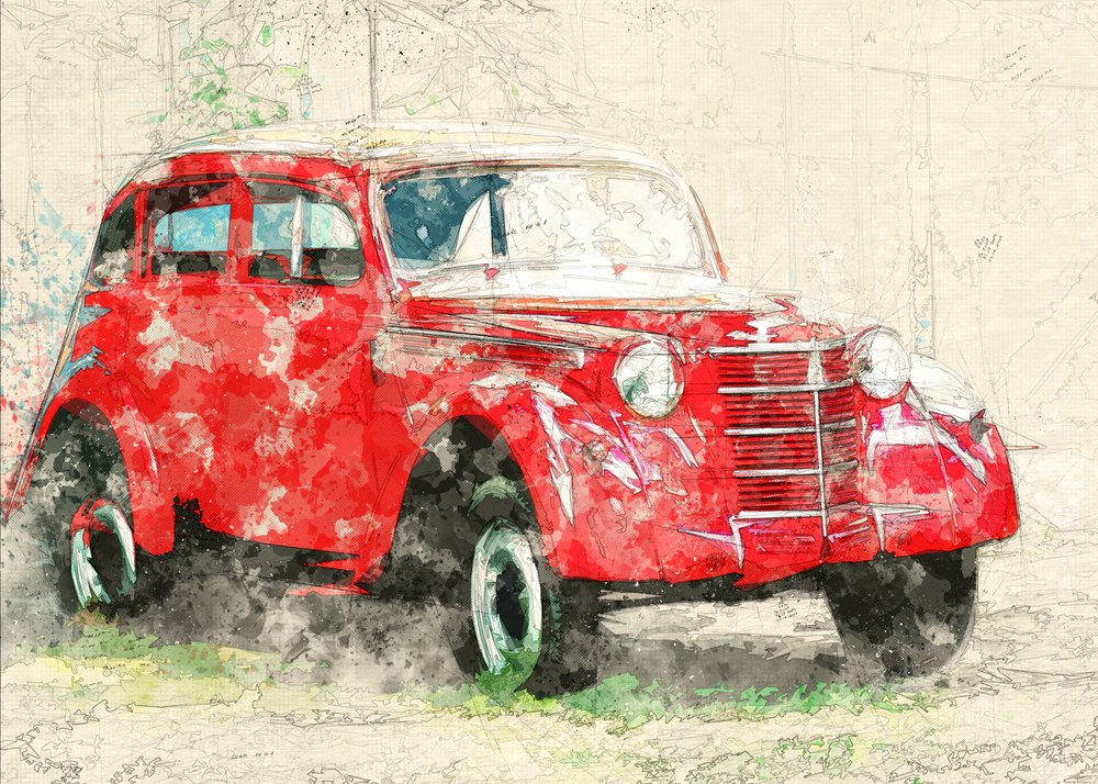 Red Old Car by Lembayung senja studio [Vintage Poster]