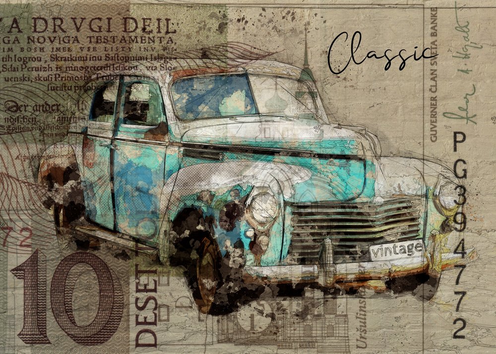 Rusty Teal Classic Car by Lembayung senja studio [Vintage Poster]