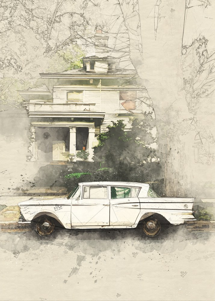 Car Old House Sketch by Lembayung senja studio [Vintage Poster]