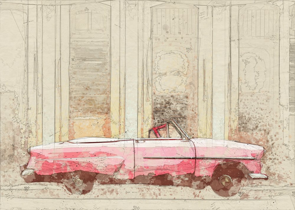 Pink Convertible Sketch by Lembayung senja studio [Vintage Poster]