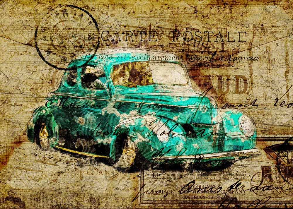 Vintage Teal Car Postcard by Lembayung senja studio [Vintage Poster]