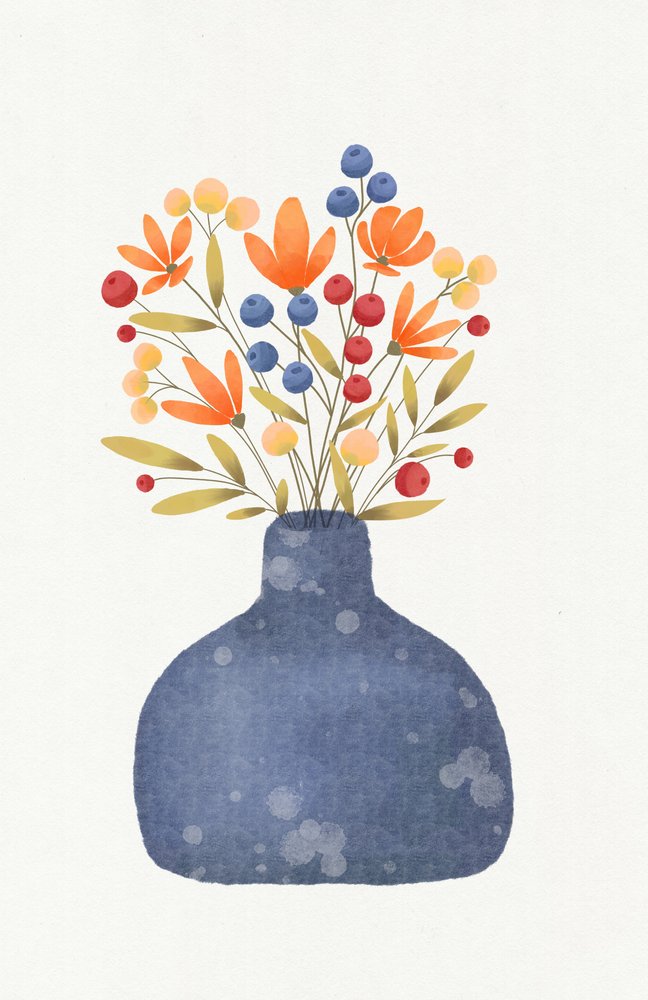 Blue Vase Wildflowers by Lena Refur
