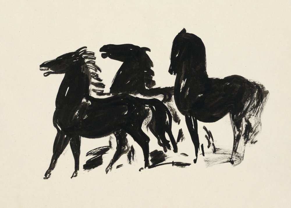 Three Black Horses Standing Looking Left (1935–1936) by Leo Gestel