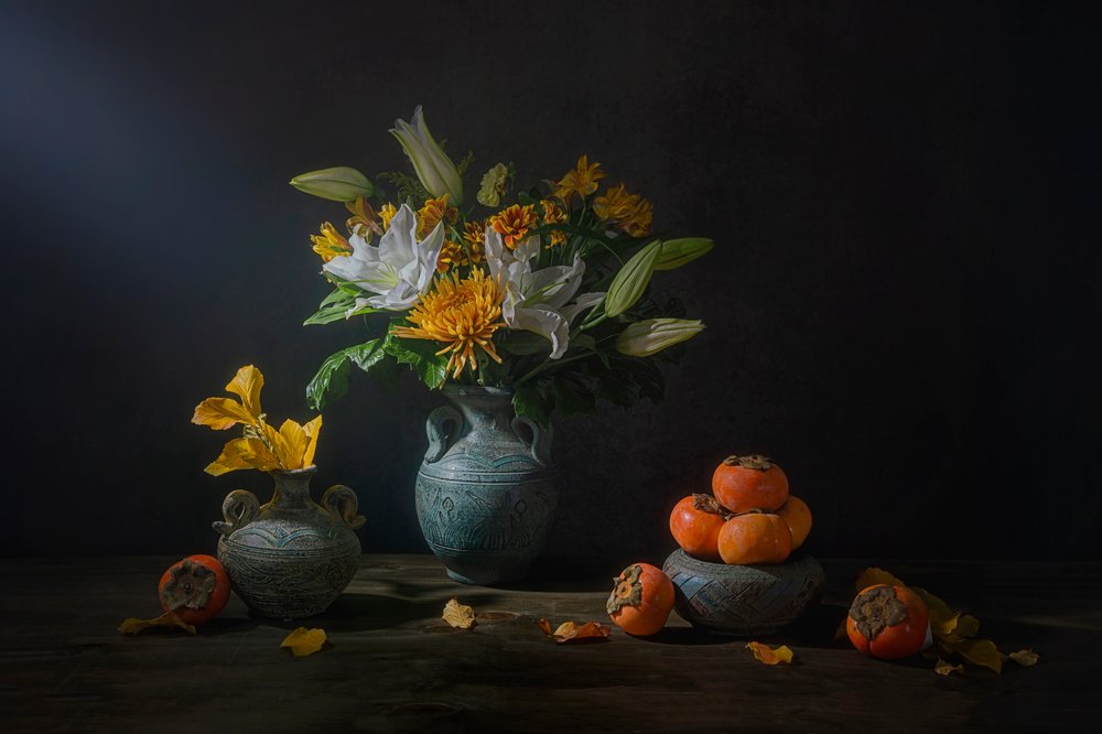 Autumn Blooms and Fruit by Lydia Jacobs