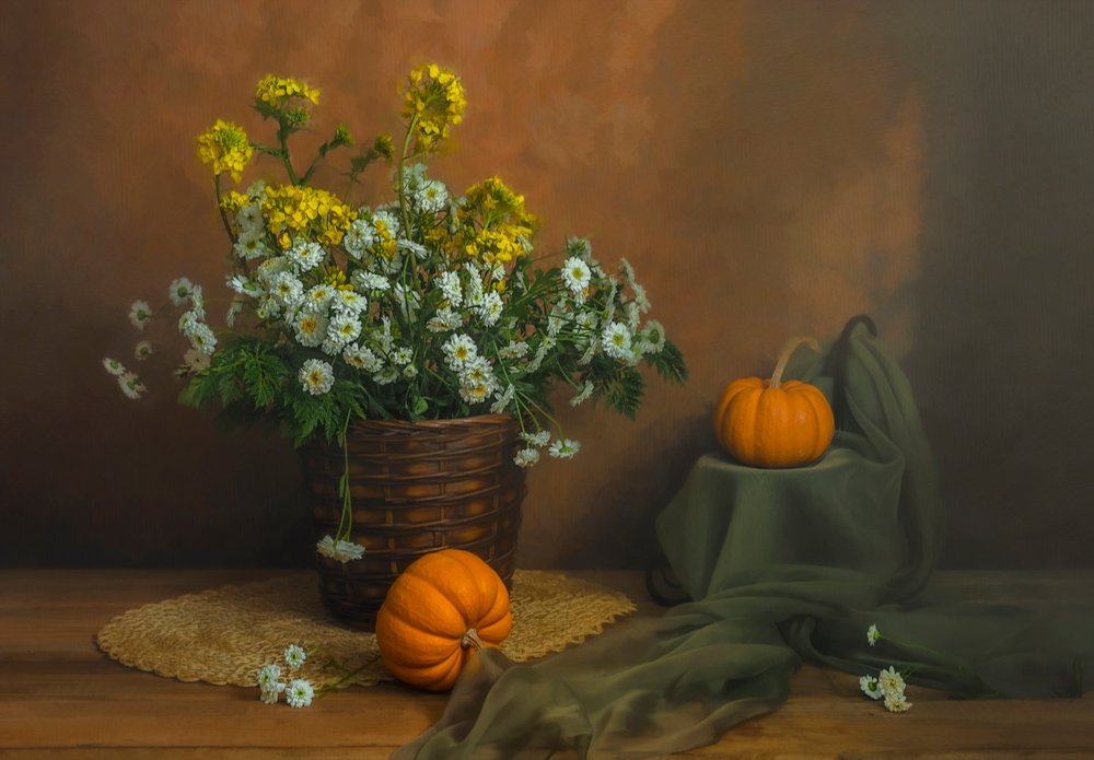 Autumn Flowers and Pumpkins by Lydia Jacobs