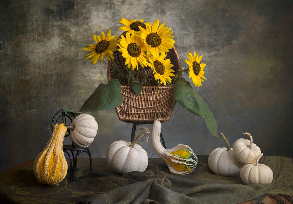 Autumn Sunflowers and Gourds by Lydia Jacobs