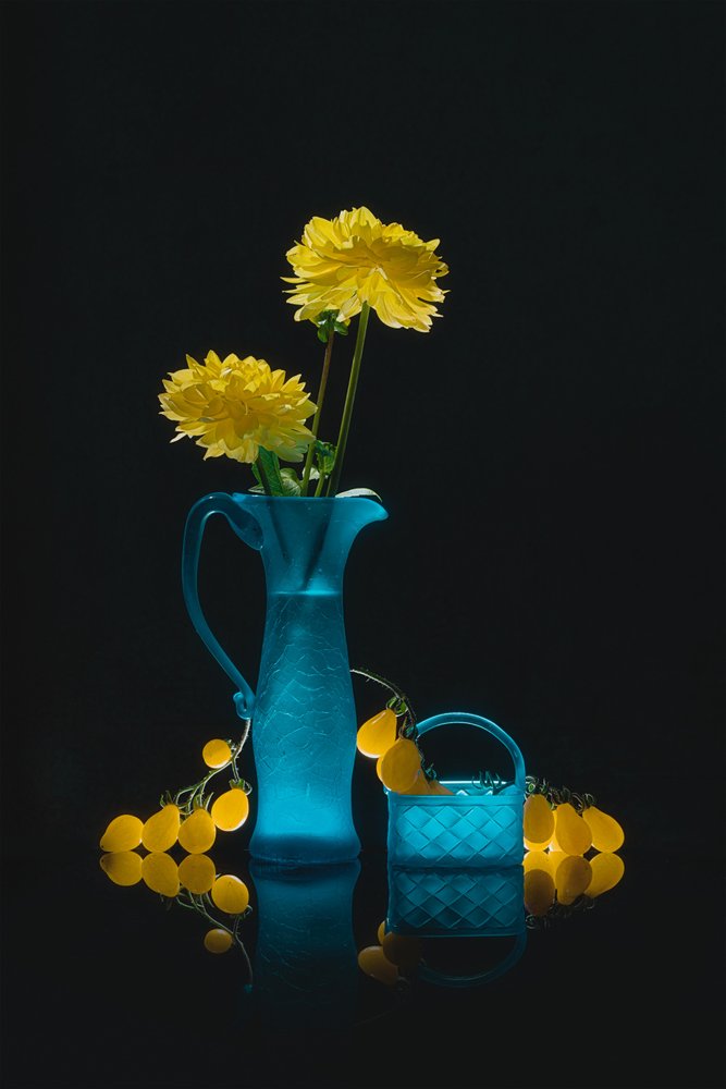Blue Glass Yellow Blooms by Lydia Jacobs