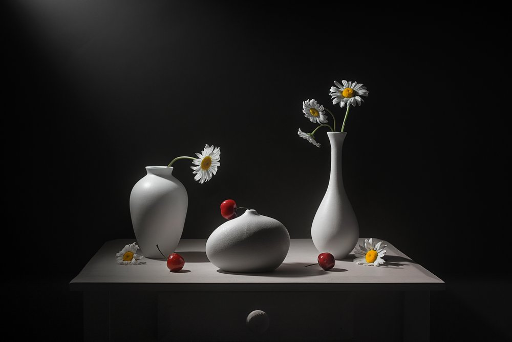 Daisies Vases and Cherries by Lydia Jacobs