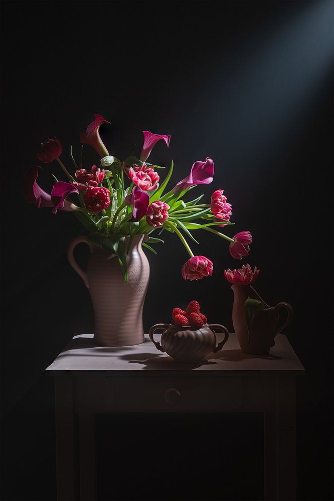 Dramatic Pink Flowers Still Life by Lydia Jacobs