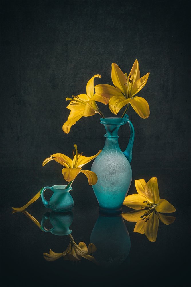 Golden Lilies Teal Vases by Lydia Jacobs
